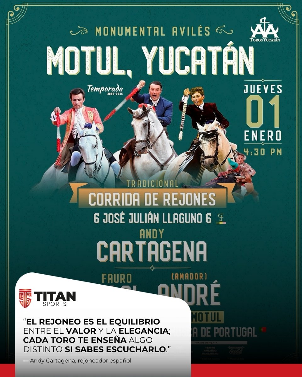 🐎El 1 de enero, la Corrida de Rejones de Año Nuevo reunirá a Andy Cartagena, Fauro Aloi y André en la Monumental Plaza “Avilés”, con toros de José Julián Llaguno y la actuación especial de los Forcados Aposento da Chamusca 🇵🇹.

👇Todos los detalles 🔽 titansports.international/rejones-newyea…