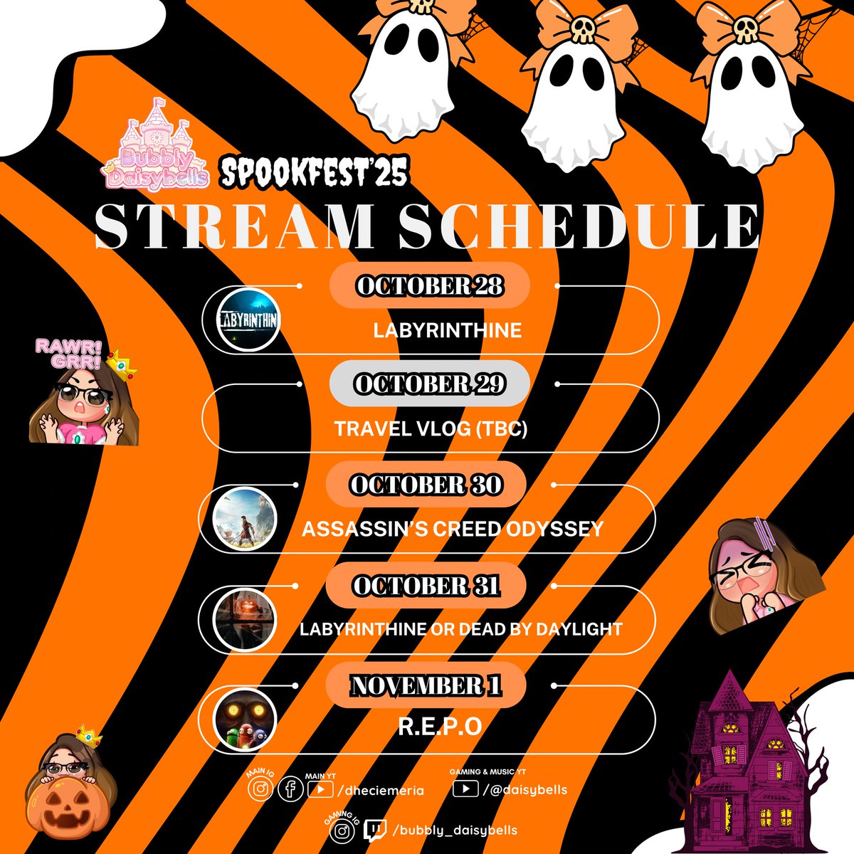 dheciemeria's tweet photo. HAPPY SPOOKFEST WEEK! 🎃 Hellohey there! This week is my school's sembreak which means i'll be able to do my #Spookfest! Here's my livestream schedule! Are you up for it?
▶️ https://t.co/Cq6PhMKWsI
❁ #daisybells ┇#bubblydaisy ┇#bubblydaisybells ❁ https://t.co/vtmX4j3VrO