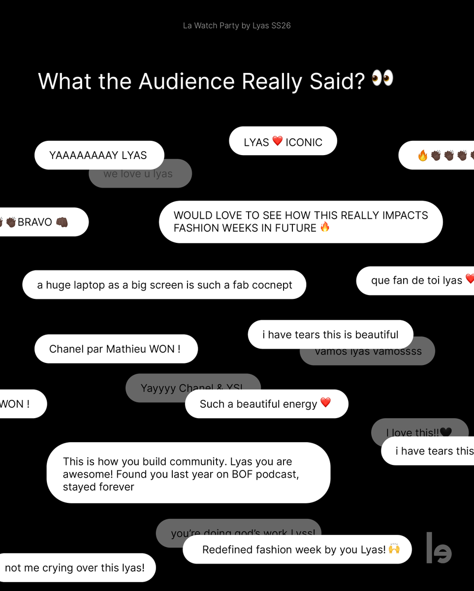 lefty_io's tweet photo. 34M impressions, 4 viral moments, and 1 #AlexConsani’s hair extension 🔥
We tracked #LaWatchParty by #Lyas.
Check full interview with Lyas in our report:
https://t.co/u6eY323jMZ
#watchparty #ss26 #fw https://t.co/Dq2QyEuOVF