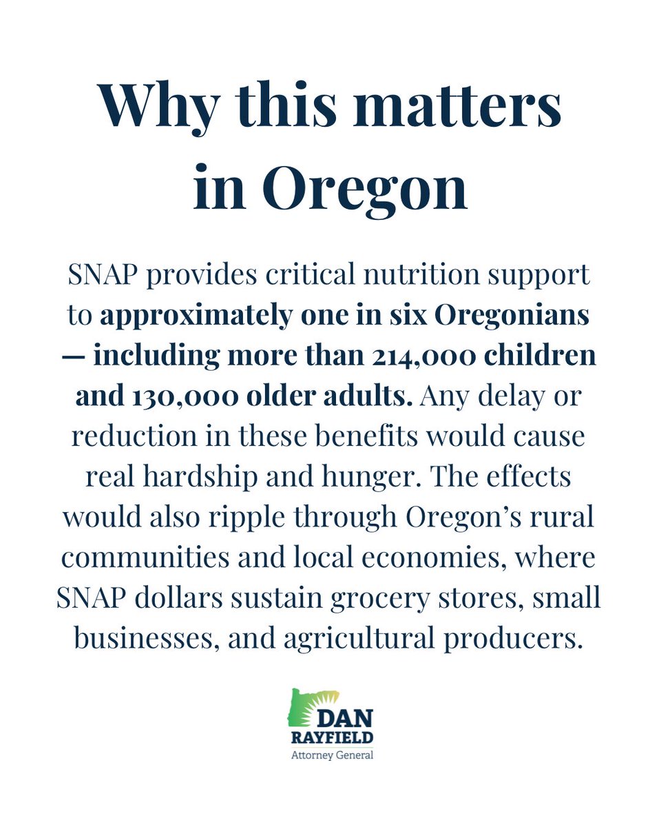 AGDanRayfield's tweet photo. BREAKING NEWS: We’re suing the Trump administration for illegally suspending SNAP benefits.
Approximately 1 in 6 Oregonians receive SNAP benefits, including more than 214,000 children and 130,000 older adults. https://t.co/iKo0hchzv6