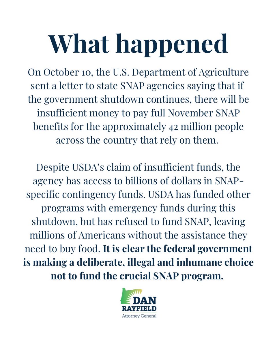 AGDanRayfield's tweet photo. BREAKING NEWS: We’re suing the Trump administration for illegally suspending SNAP benefits.
Approximately 1 in 6 Oregonians receive SNAP benefits, including more than 214,000 children and 130,000 older adults. https://t.co/iKo0hchzv6