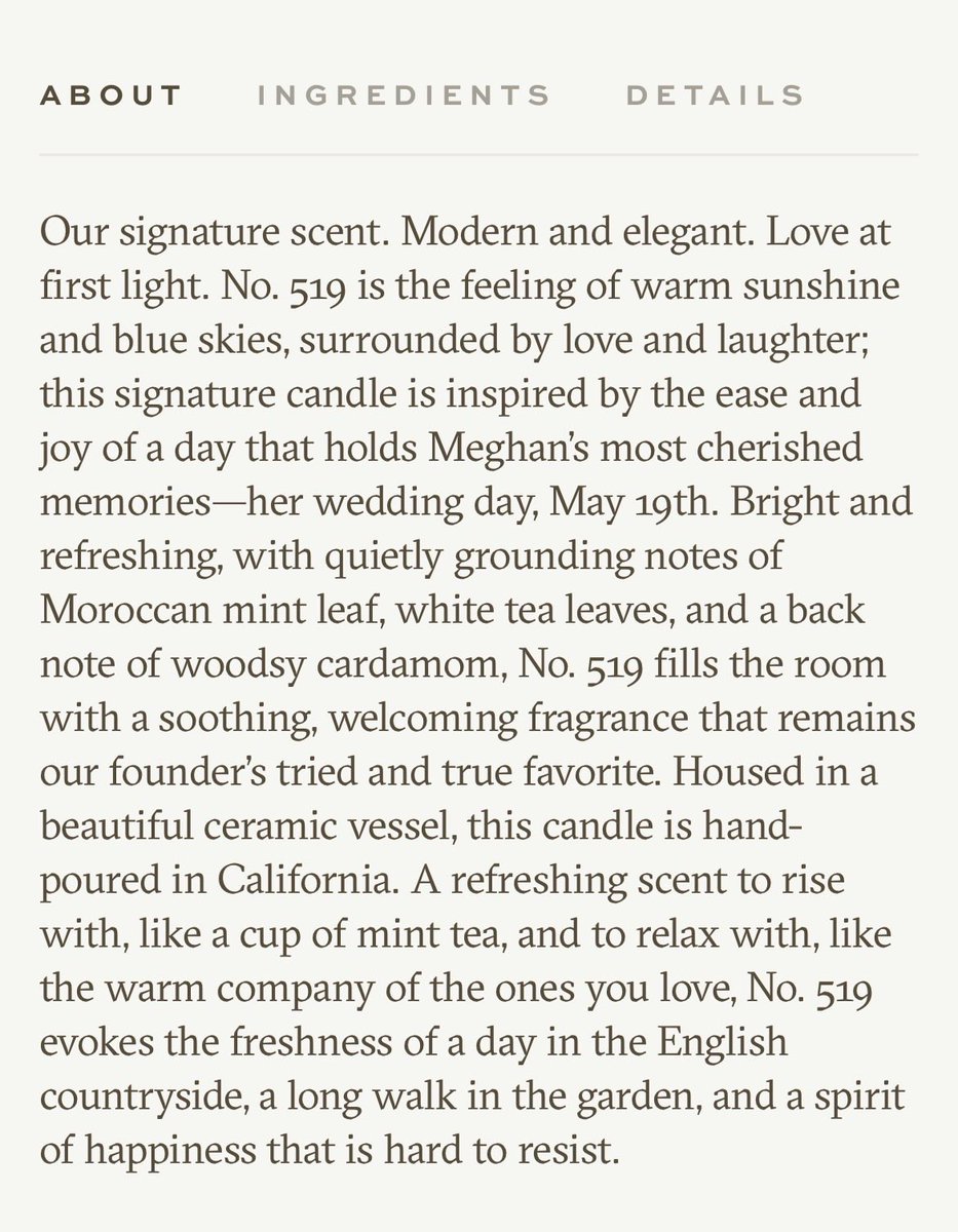 Candle #519, you guessed it, #HarryandMeghan’s wedding date 🤮. The cheesy, flowery description is enough to make you sick, to be perfectly honest. “the joy of a day that holds Meghan’s most cherished memories” is she serious? 😂😂 #MeghanMarkle #MeghanMarkleExposed #AsEver