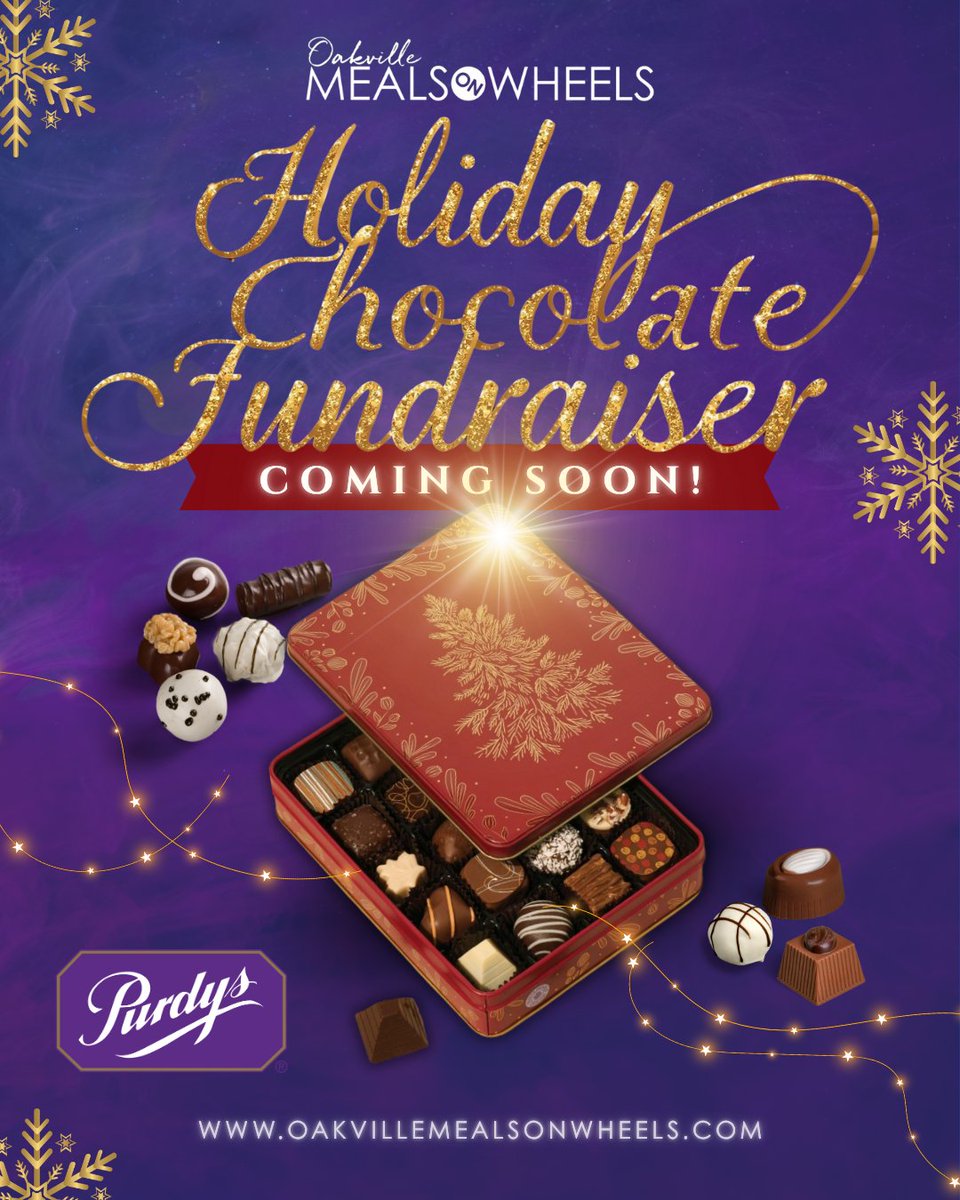 ✨💜 It’s back!
Our Chocolate Holiday Fundraiser with <a href="/PurdysChocolate/">Purdys Chocolatier</a> is returning this year! 🍫
Stay tuned, dates and details are coming soon! ❤️

#OakvilleMealsOnWheels #OMoW #HolidayFundraiser #SweetSupport #PurdysChocolate #CommunityCare #SupportLocal #Oakville