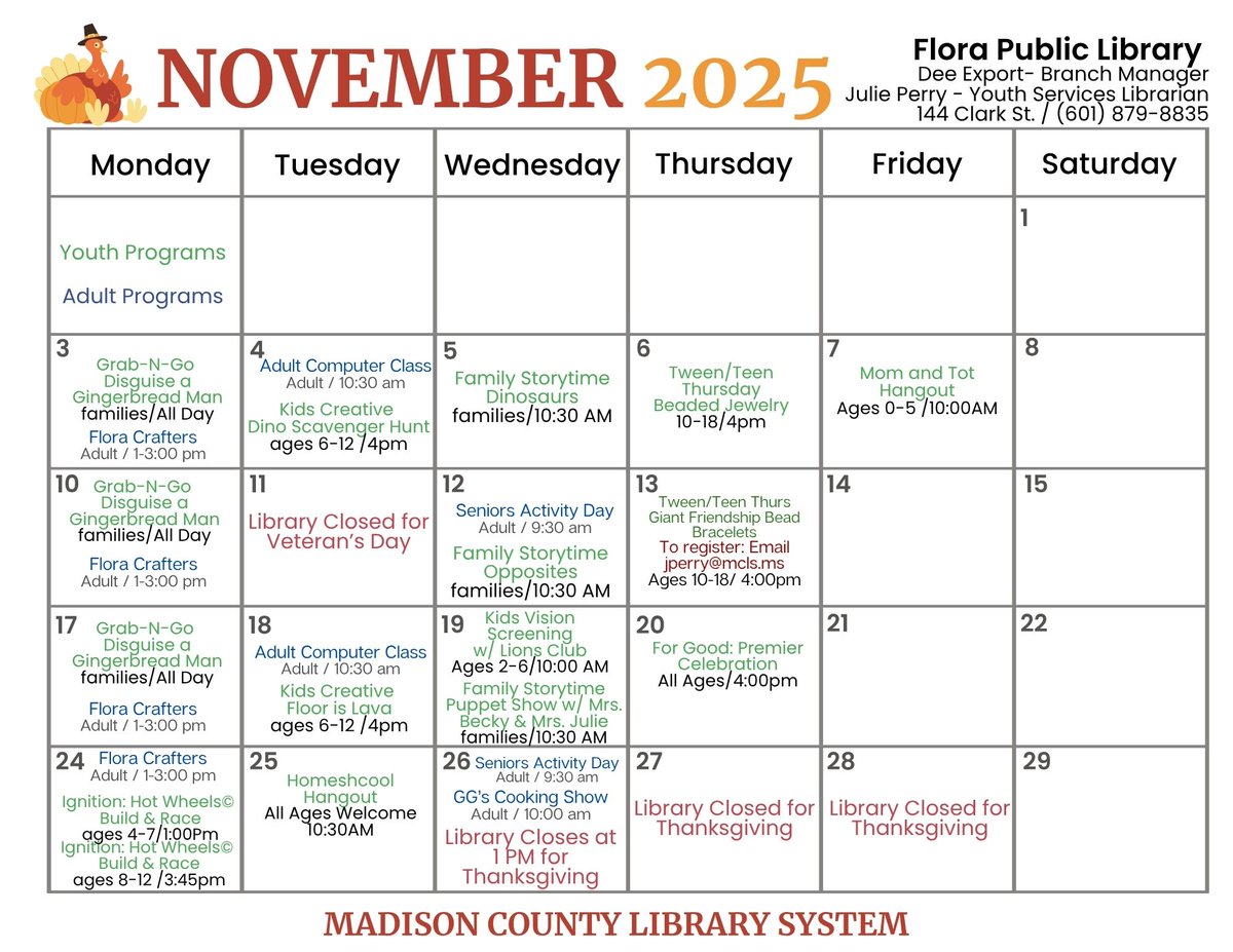 We have so many wonderful programs happening in November! We can't wait to see you! Just a reminder, all of our programs are free!
#library #program #madisonms