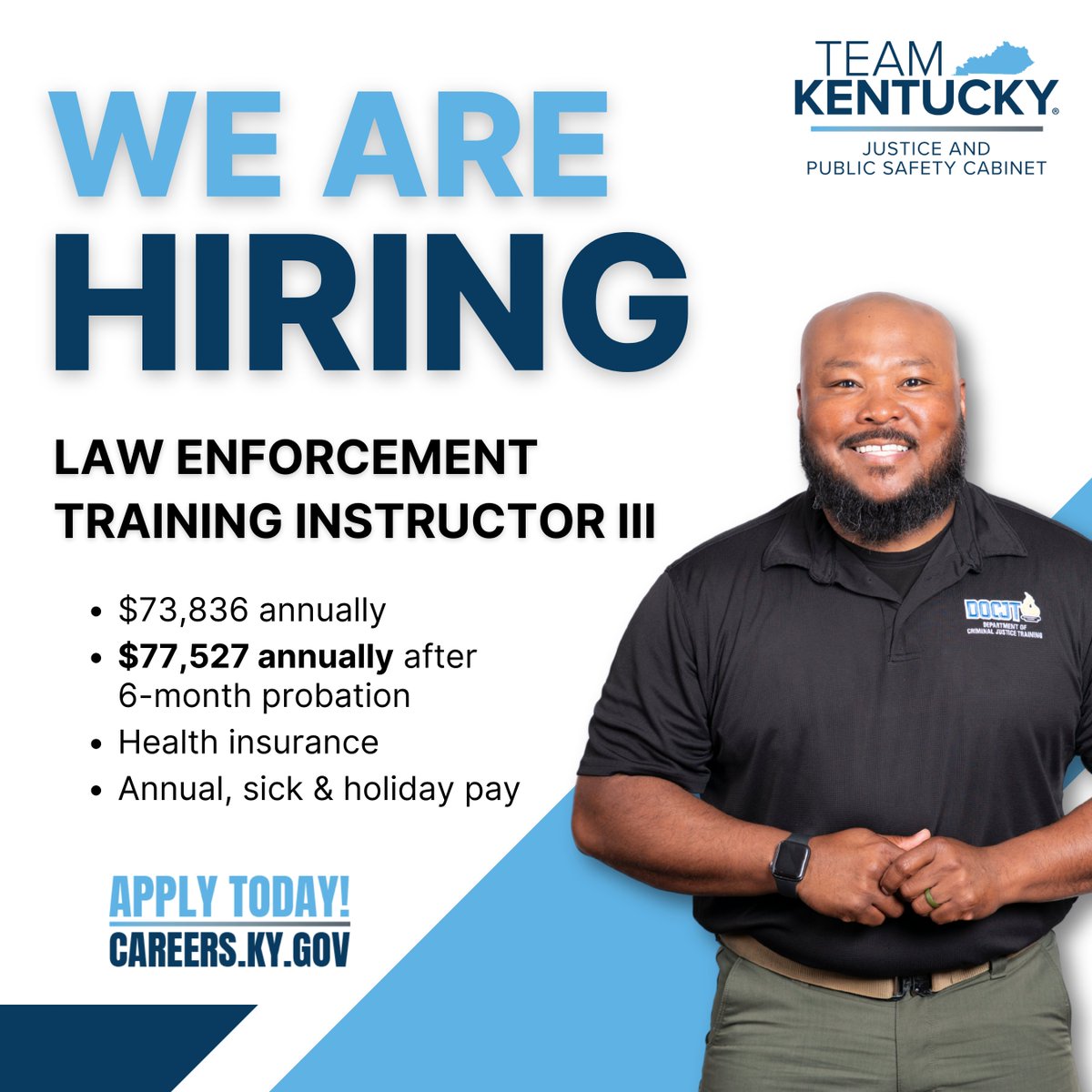 The Kentucky Department of Criminal Justice Training is hiring for one (1) law enforcement training instructor III position within the Law Enforcement Operations Section. Search for requisition number 25-06548 at bit.ly/3Zep6xl . 

Apply by 11/02/25 at 8 p.m.