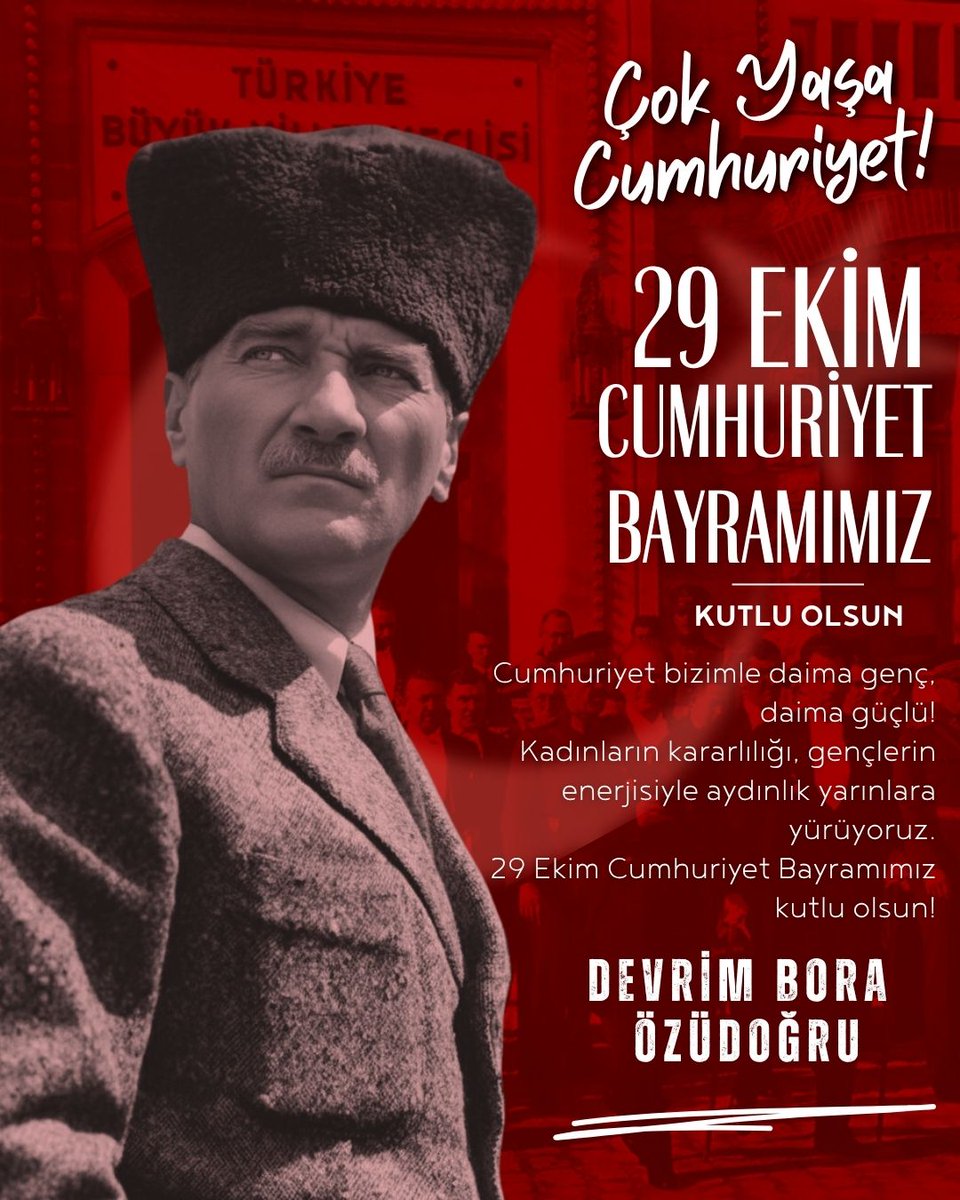 ""Cumhuriyet, gençliğin omuzlarında geleceğe taşınan bir emanettir..

Biz o emaneti umutla, cesaretle ve inançla yaşatacağız!! 
#29Ekim #CumhuriyetBayramı #UmutlaYarınlara 🇹🇷""