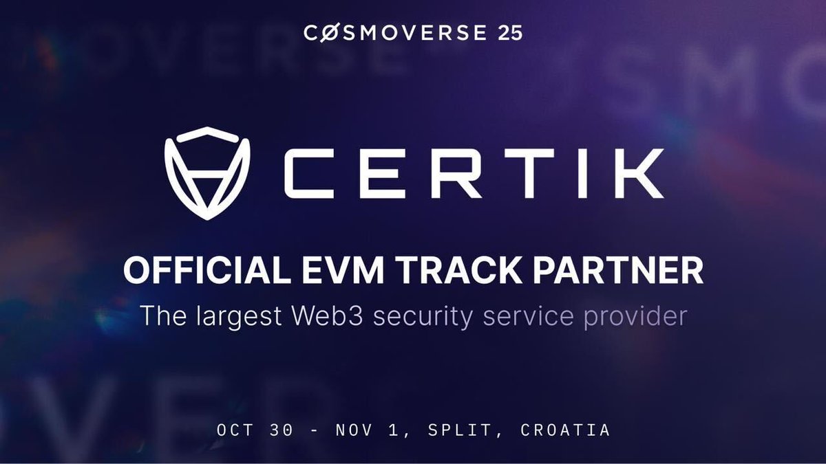 CertiK's tweet photo. We’re excited to sponsor #Cosmoverse25 — one of the flagship events in the Cosmos ecosystem.

Catch us in Split, Croatia (Oct 30‑Nov 1) and let’s talk security, scalability, and the future of modular blockchain infrastructure. https://t.co/EUpMHZnRYO