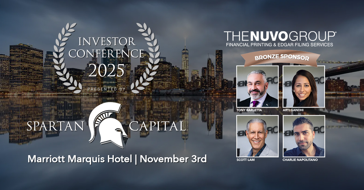 The Nuvo Group is a proud sponsor of the 2025 <a href="/SpartanCapSec/">Spartan Capital Securities</a> Investor Conference held here in NYC on November 3rd.
Be sure to stop by our booth to discuss customized Financial Print solutions with one of our team members!

#CapitalMarkets #InstitutionalInvestors