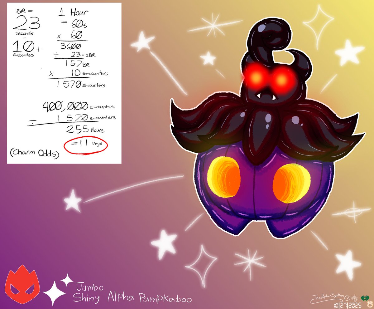 ThePaphurSystem's tweet image. Dust: New target/Dream Shiny! Shiny Alpha Jumbo Pumpkaboo, a roughly 1/400,000 chance with charm.

#PokemonLegendsZA