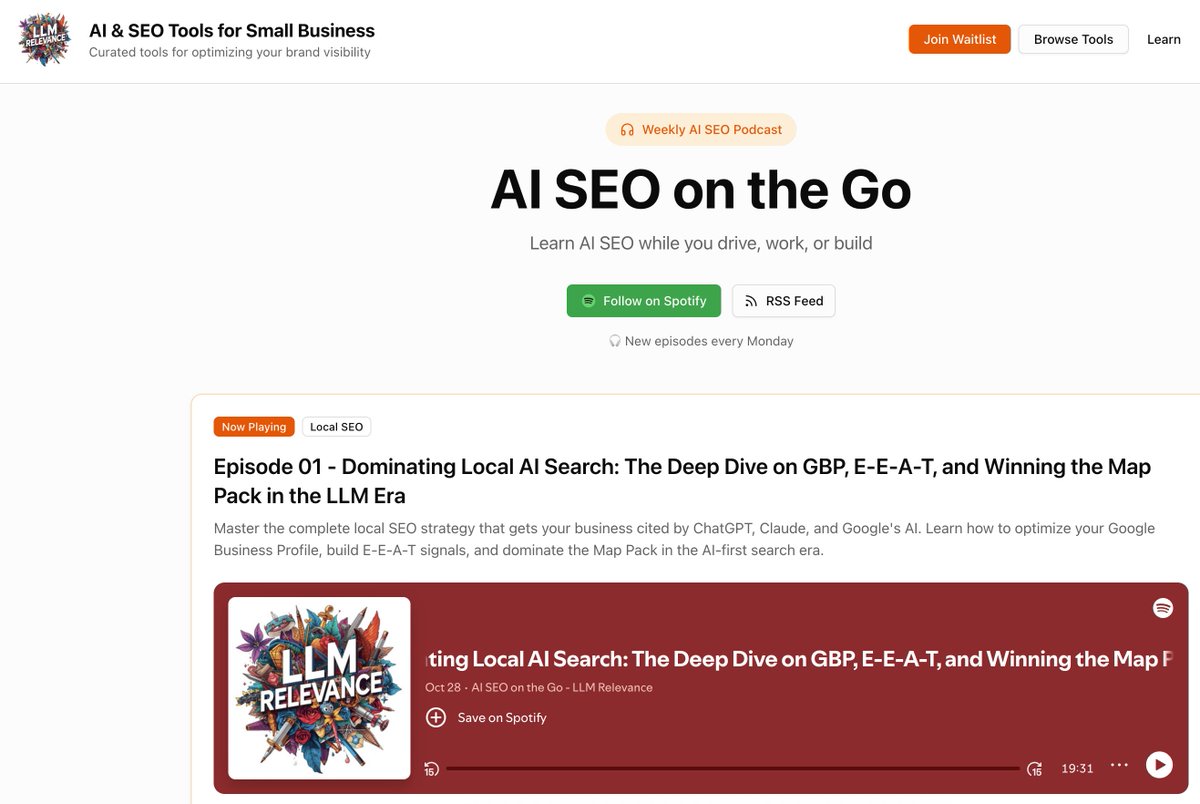 llmrelevance's tweet image. Just added our first podcast episode to make it super easy for small business owners to learn on the go. 

Episode 01 - Dominating Local AI Search: The Deep Dive on GBP, E-E-A-T, and Winning the Map Pack in the LLM Era.

llmrelevance.com/podcast/episod…