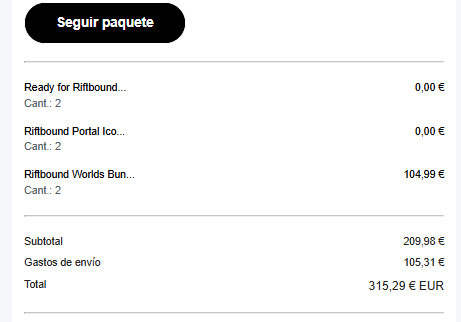 Hello <a href="/playriftbound/">Riftbound</a> , you are charging extra taxes in your worlds bundle, normally my shipping to spain should be 5€ no 105€ 

I hope that you can provide me a solution.
<a href="/riotgames/">Riot Games</a> <a href="/davetron/">Dave Guskin</a>