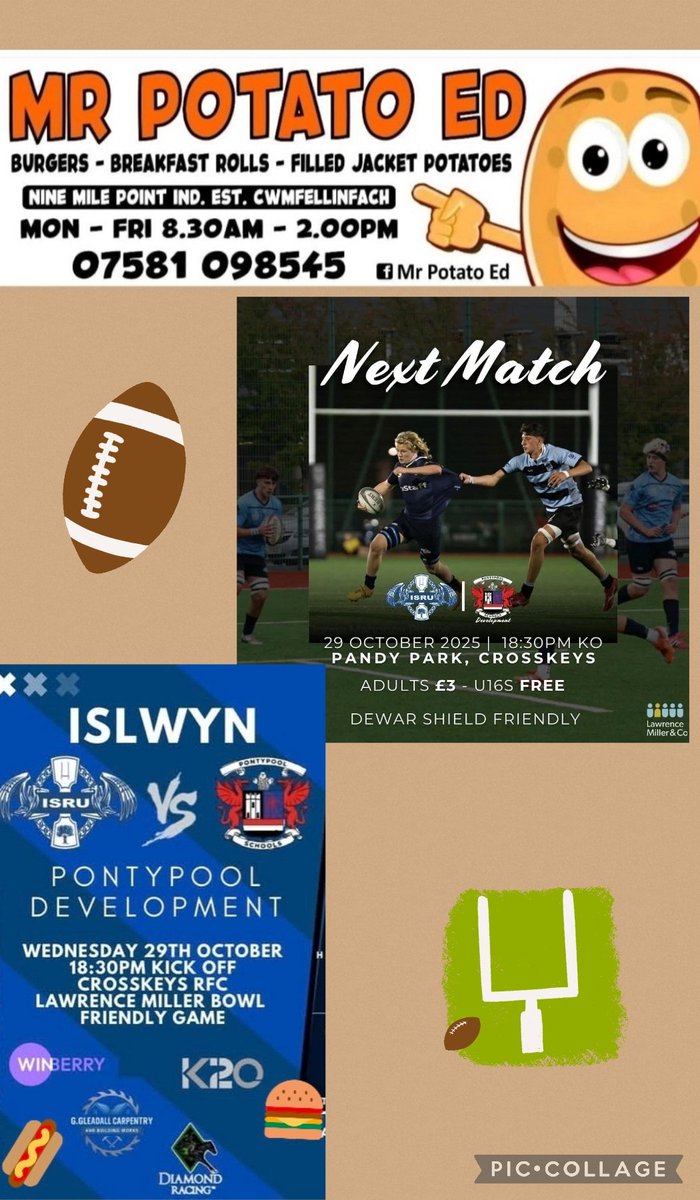 <a href="/MrPotatoEd2/">Mr Potato Ed</a> will be at Pandy Park for <a href="/ISRU15s/">Islwyn Schools Rugby</a> v <a href="/PontypoolSchU16/">Pontypool Schools Rugby</a> 
Wednesday 29 Oct, kick off 6.30pm
🌭🍔🏈🏟