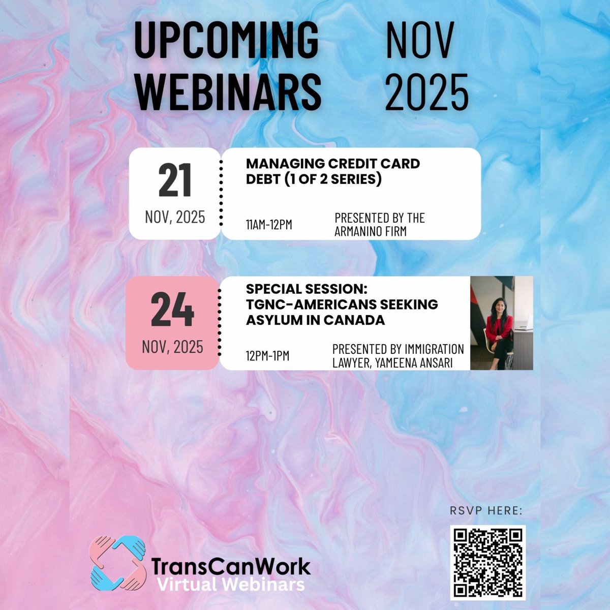 TransCanWork's tweet image. MARK YOUR CALENDARS: Here’s the list of #TransCanWork’s upcoming November webinars. RSVP using the QR code. See you there! 🏳️‍⚧️