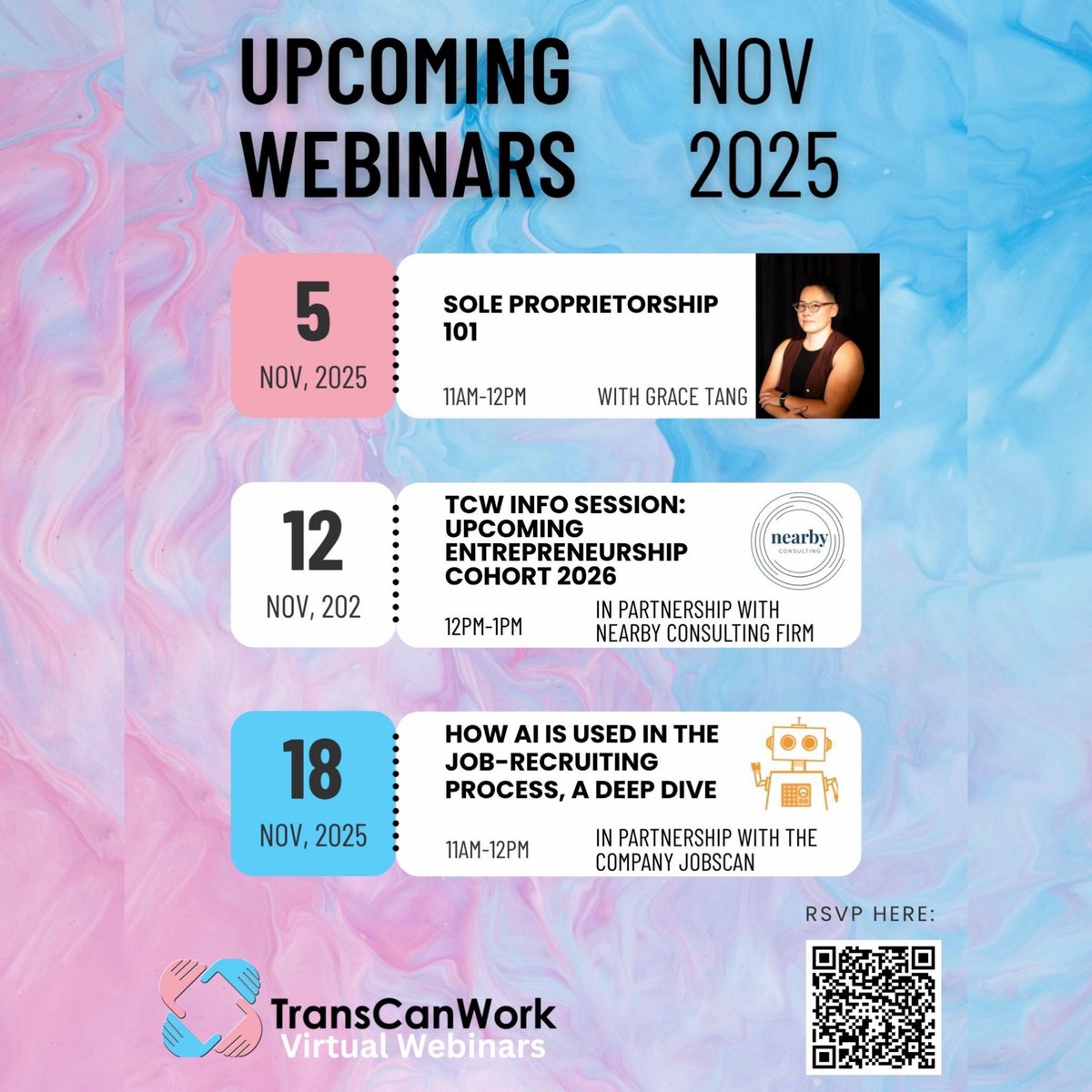TransCanWork's tweet image. MARK YOUR CALENDARS: Here’s the list of #TransCanWork’s upcoming November webinars. RSVP using the QR code. See you there! 🏳️‍⚧️