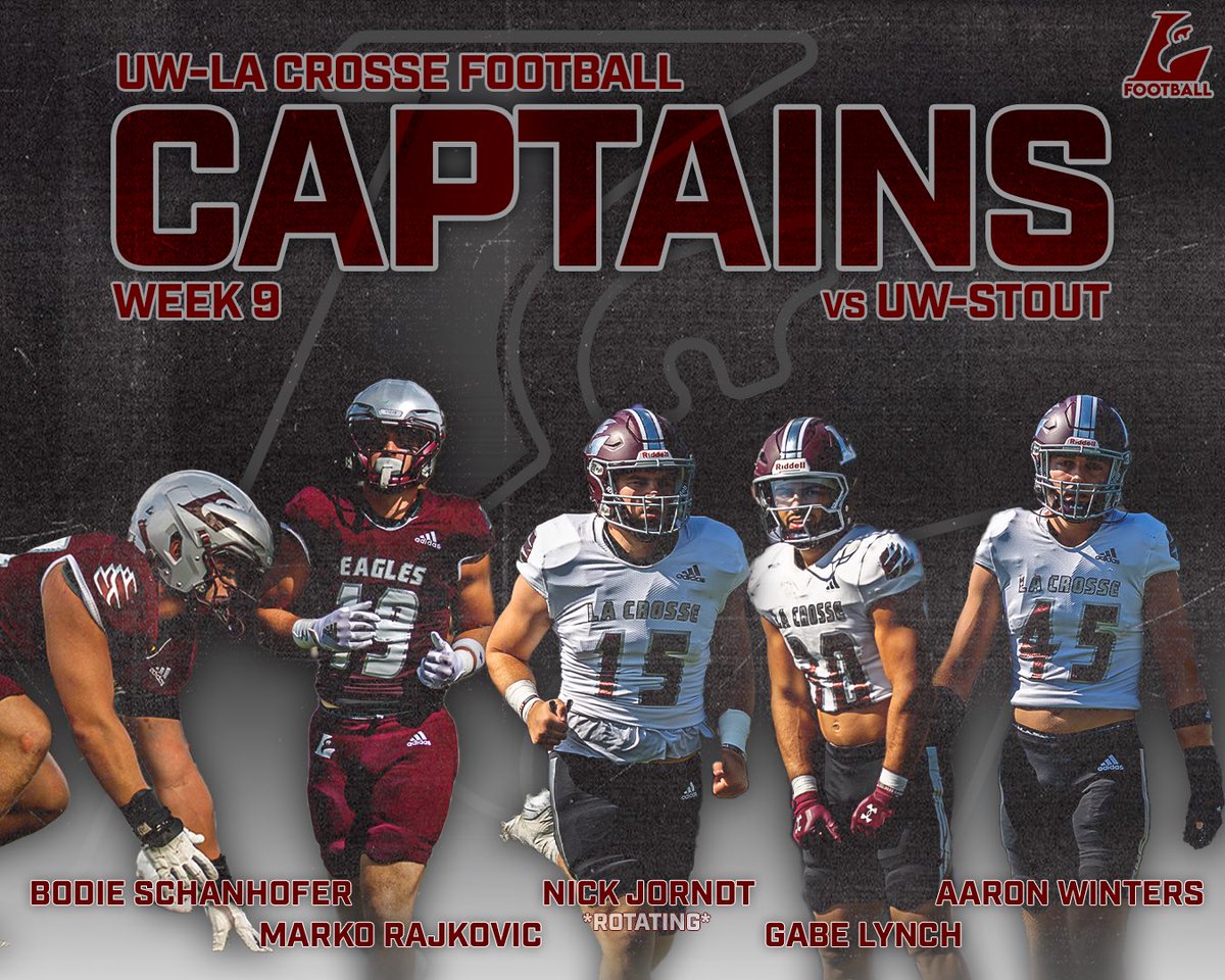 Week 9 Captains 🦅🏈

🦅 Gabe Lynch (RB, Sr.)
🏈 Marko Rajkovic (TE, Sr.)
🦅 Aaron Winters (LB, Sr.)
🏈 Bodie Schanhofer (DL, Sr.)
🦅 Nick Jorndt (LB, Sr.) *ROTATING*

#TheExperience #d3fb