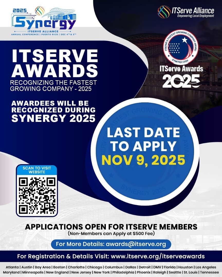 ITServeorg's tweet photo. ITServe Awards 2025 – Recognizing the Fastest Growing Companies!

We are thrilled to announce the 𝐈𝐓𝐒𝐞𝐫𝐯𝐞’𝐬 𝐅𝐚𝐬𝐭𝐞𝐬𝐭 𝐆𝐫𝐨𝐰𝐢𝐧𝐠 𝐂𝐨𝐦𝐩𝐚𝐧𝐲 𝐀𝐰𝐚𝐫𝐝 nominations, a celebration of exceptional growth and outstanding achievement in the IT industry. Awards to be presented during Synergy 2025 in Puerto Rico.

Last Date to Apply: November 9, 2025

Apply Now: https://t.co/3GyDR1zqJk

For details: awards@itserve.org

#ITServeAwards #FastestGrowingCompany #ITServeAlliance #Synergy2025 #BusinessExcellence #InnovationLeaders #GrowthChampions #Entrepreneurship #TechLeadership #BusinessRecognition #ITServeUSA #AwardNominations #CorporateSuccess #LeadershipInAction #EmpoweringEntrepreneurs #PuertoRicoEvent #ITIndustryLeaders #SuccessStories #ITServeCommunity #CelebratingExcellence