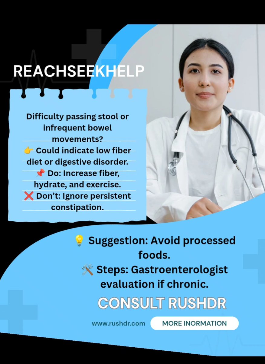 ReachSeekHelp's tweet image. If you’re struggling to pass stools, feeling bloated, or having less than 3 bowel movements per week — it may be constipation.
Get expert advice before it becomes severe.
RUSHDR connects you with trusted doctors instantly ✅
@rushdr @reachseekhelp
#Constipation
#ConsultDoctor
