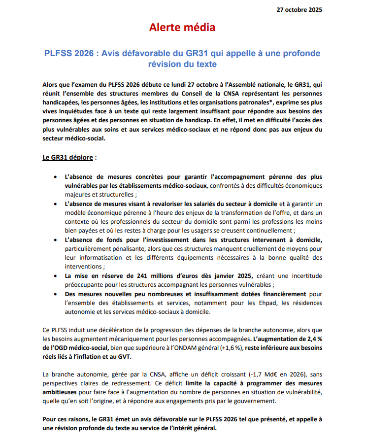 📢PLFSS 2026 : Avis défavorable du GR31 qui appelle à une profonde révision du texte
L’examen du PLFSS 26 à débuté lundi 27, le GR31 exprime ses inquiétudes face à un texte qui reste insuffisant pour les besoins des pers âgées et  en situation de handicap.
buff.ly/0rc0xGY