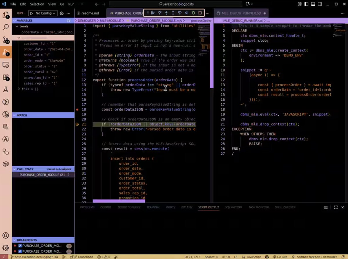 OracleDevs's tweet image. Check out this introduction to post-execution debugging in SQL Developer for VSCode. social.ora.cl/6012AxnYq
