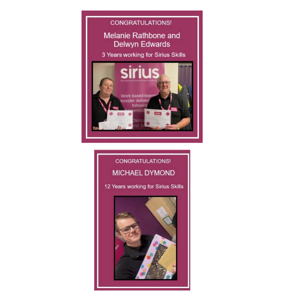 🎉 Celebrating Milestones at Sirius Skills! 

This week, we’re recognising some incredible work anniversaries:
✨ Michael Dymond 12 years of dedication and excellence
✨ Melanie Rathbone 3 years of commitment and impact
✨ Delwyn Edwards  3 years of hard work and contribution