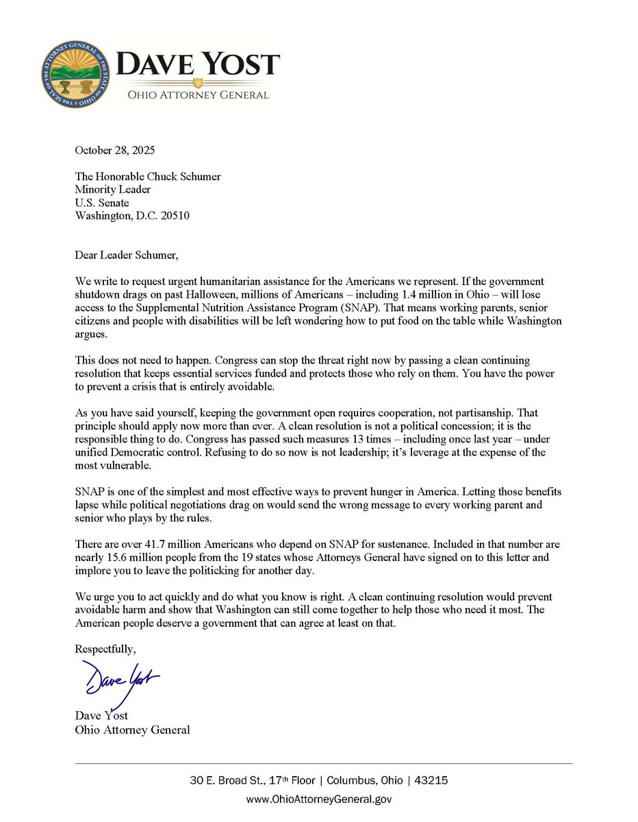 kyoag's tweet image. Nearly 600,000 Kentuckians rely on SNAP. Their basic needs are threatened by the ongoing federal shutdown. I joined @OhioAG and 17 other AGs to call on Senator Schumer to prevent this avoidable harm. 

We don&apos;t need a partisan lawsuit. We just need to pass this bipartisan bill.
