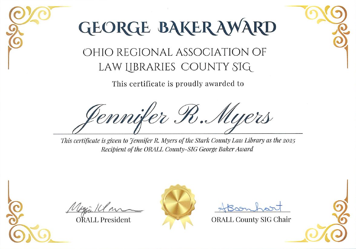 Congratulations to the Stark County Law Library Director, Jenny Myers, for being the recipient of the 2025 George Baker Distinguished Services Award! (Recognized for exceptional achievement in law librarianship &amp; for service that goes well beyond expectation.)
