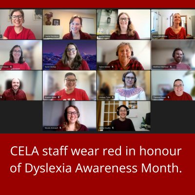 CELAlibrary's tweet image. October is Dyslexia Awareness Month and recently the CELA team all wore red in support of our users with dyslexia. It&apos;s estimated that 1 in 10 people have #dyslexia and they deserve accessible reading materials! Thanks to all organizations for raising awareness. #a11y