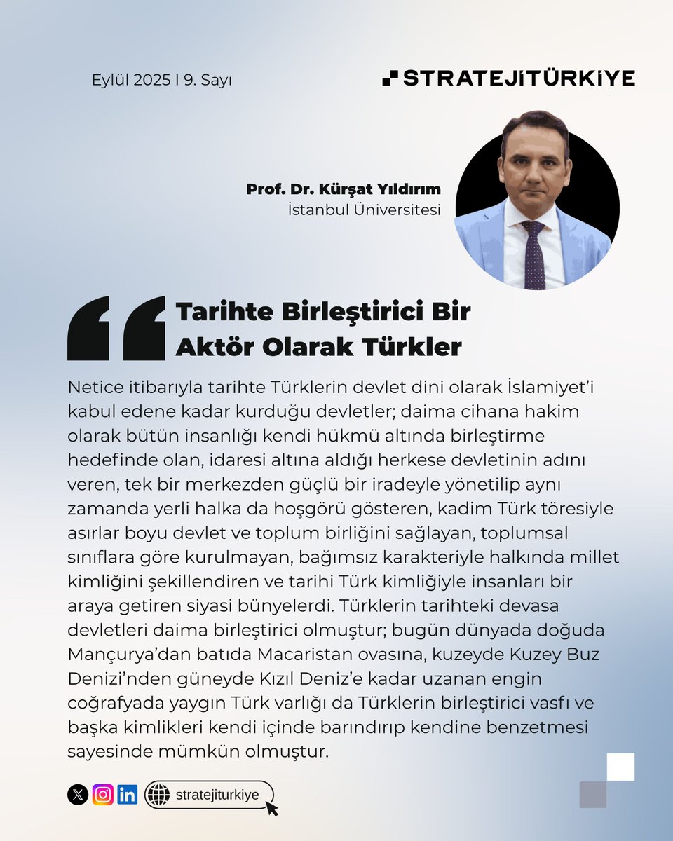 "Tarihte Birleştirici Bir Aktör Olarak Türkler"

🖊️ Prof. Dr. Kürşat Yıldırım (<a href="/KursatyR/">Kürşat Yıldırım</a>), kaleme aldı.

🔗 Yazıya ulaşmak için internet sitemizi ziyaret edebilirsiniz: stratejiturkiye.com/analiz/tarihte…