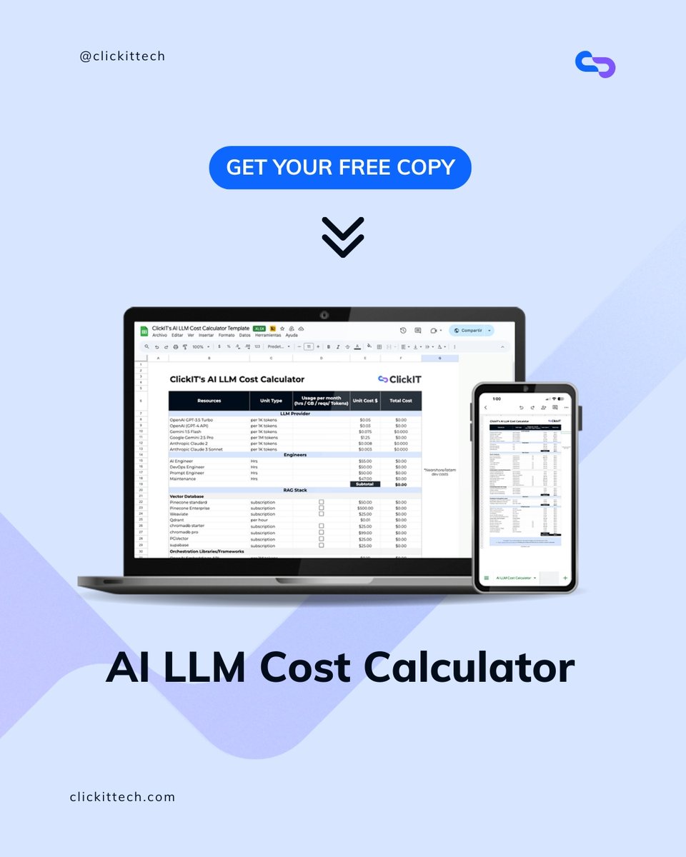 ClickIT_Tech's tweet image. Avoid Budget Surprises while Building your #AIapp!
Our AI Cost Estimation Calculator helps you:
✔️ Estimate costs in minutes
✔️ Compare different AI/LLM models
✔️ Avoid hidden budget risks
Get the calculator + full AI Implementation Checklist 
clickittech.com/clickits-ai-ll…
#AIResources