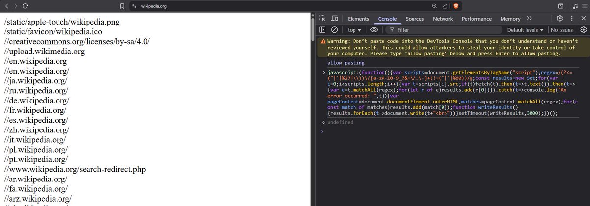 🔍 Found a neat JS snippet that scans the page and its JS for hidden endpoints &amp; API paths. Handy for quick recon 👀

Open DevTools → Console, paste and press Enter

find the JS snippet here: pastebin.com/dnTAn605

#javascript #recon #bugbountytips