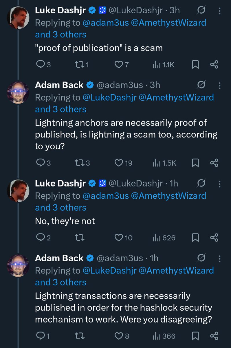 This thread between <a href="/adam3us/">Adam Back</a> and @lukedashjr is very revealing.

Luke does not understand how Lightning works. WTF.