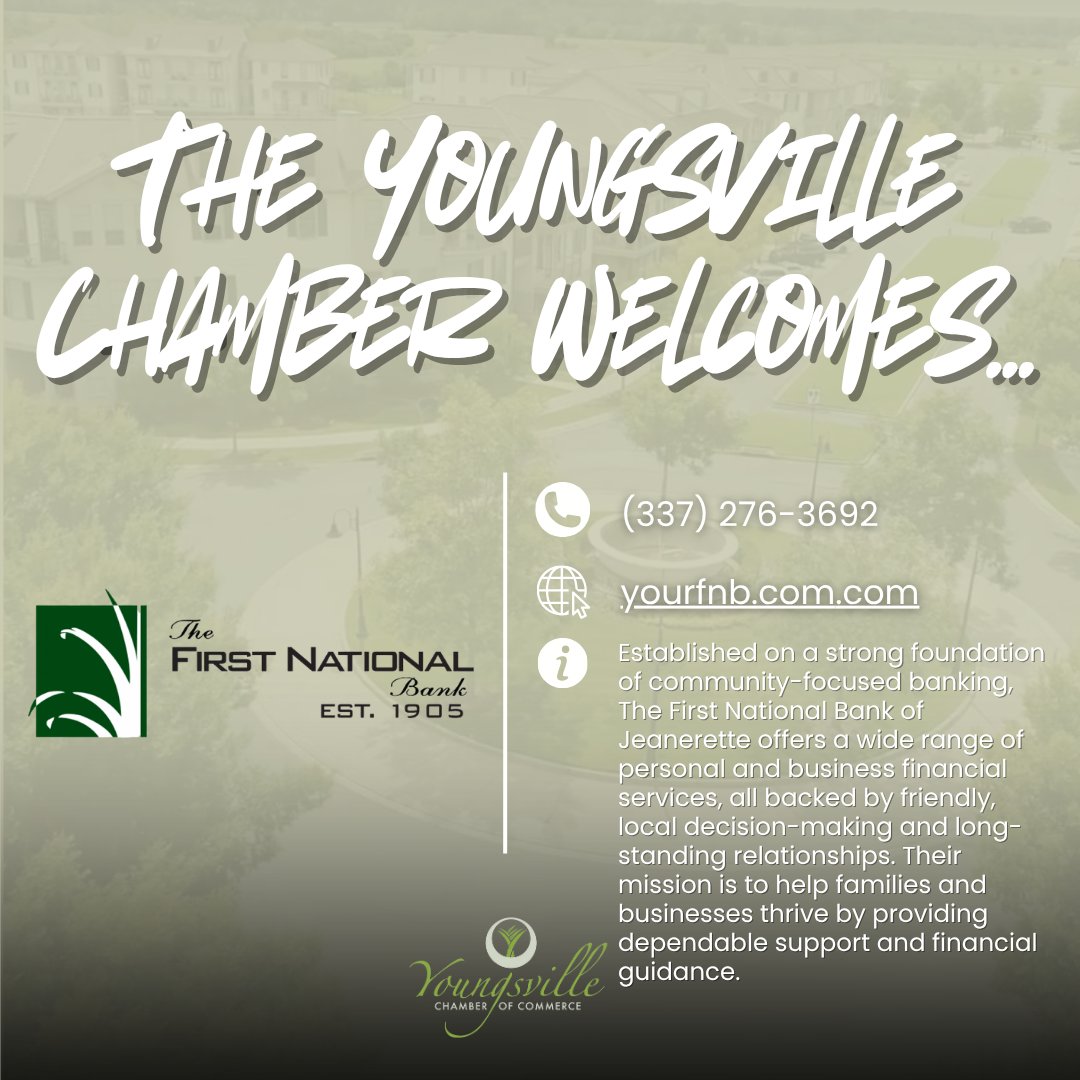 Welcome to the Chamber, The First National Bank of Jeanerette! 

We are proud to welcome FNJB as an Innovative Partner in Business with the Youngsville Chamber of Commerce! Their new Youngsville location is currently under construction. 
#YoungsvilleChamberofCommerce