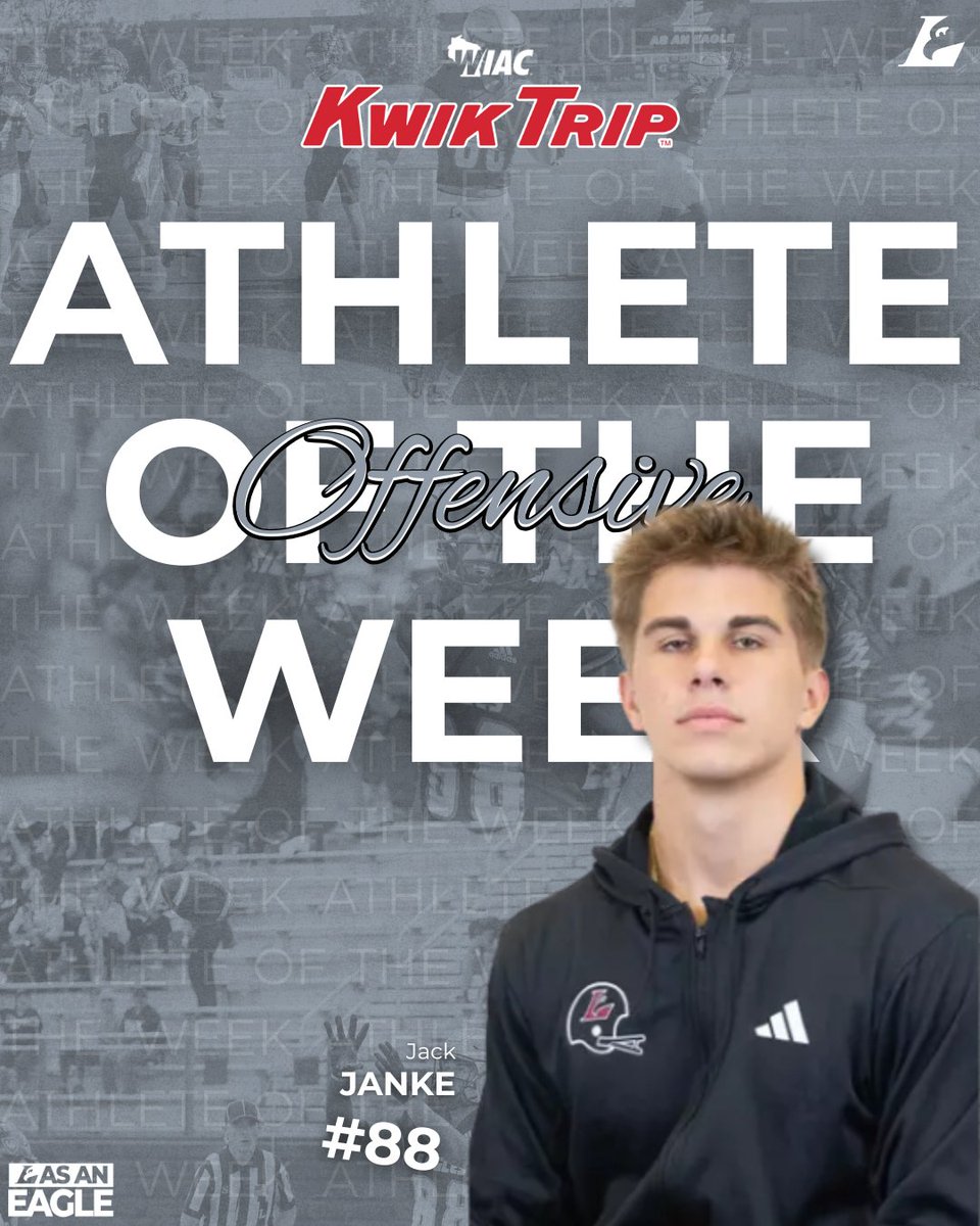 Jack Janke has been named the WIAC Kwik Trip Offensive Player of the Week. He caught 14 passes for 186 yards (13.3 average) with one touchdown in UWL's 44-13 victory over 18th-ranked UW-Oshkosh. Ten of Janke's 14 catches resulted in a first down.

<a href="/UWLEagleFB/">UW-La Crosse Football</a>