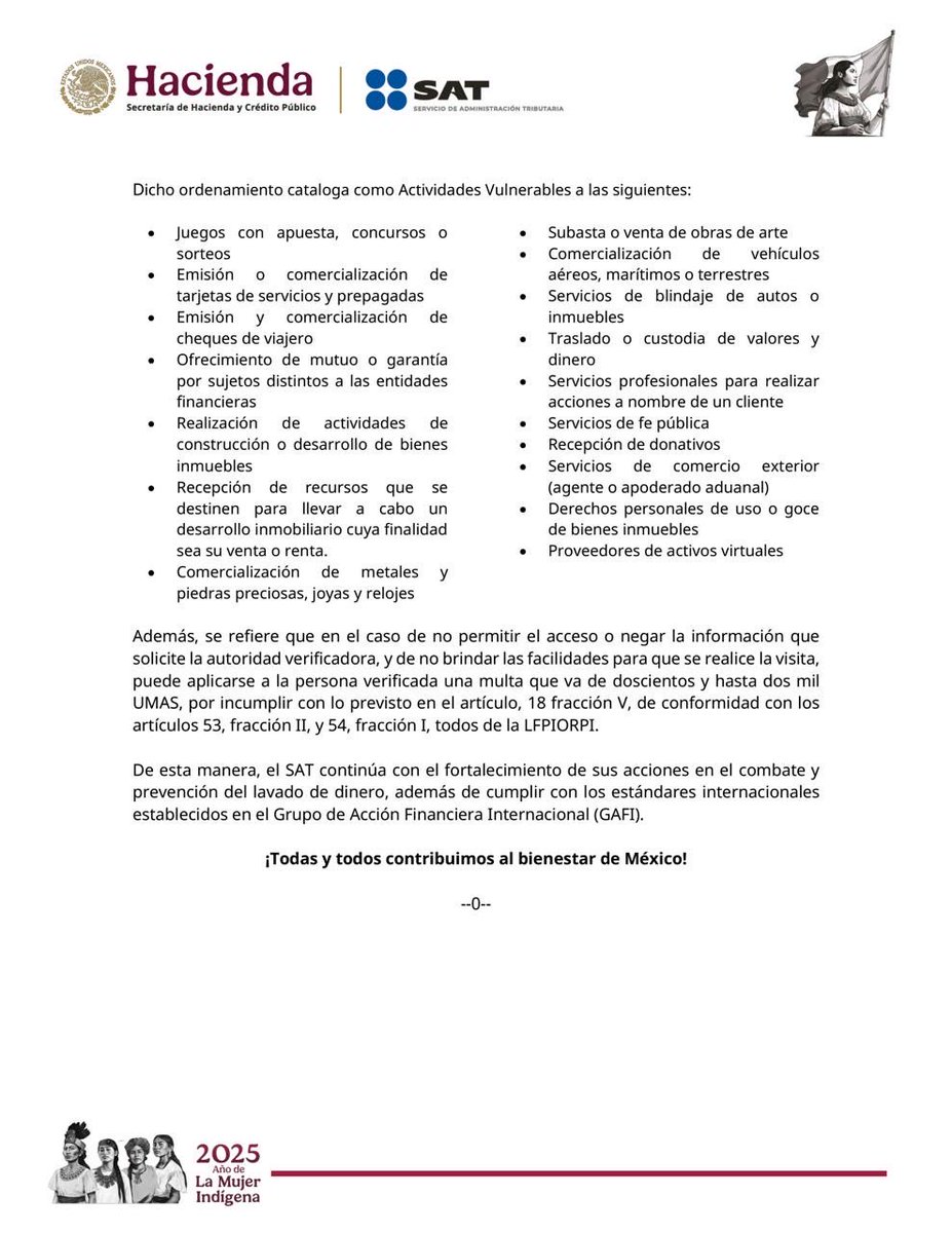 SATMX's tweet image. #ComunicadoSAT

El SAT informa que intensificó su campaña de información y orientación dirigida a sujetos obligados que realizan Actividades Vulnerables.

De esta manera, la autoridad fiscal continúa fortaleciendo las acciones de combate y prevención del lavado de dinero, además…
