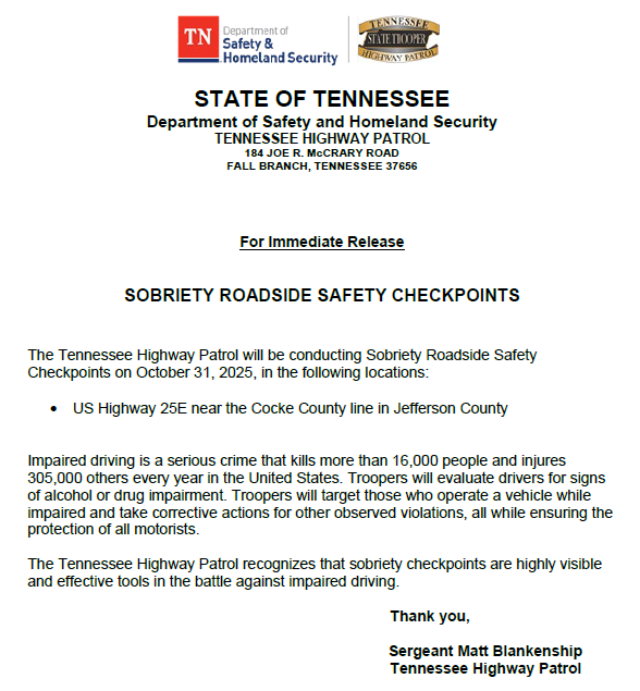 THPFallBranch's tweet image. 🔶Please see the notification below regarding an upcoming checkpoint in the Fall Branch district.

#BoozeItAndLoseIt 
#DriveHighGetADUI