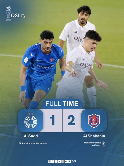 Graphic overlay displays Full Time score of 1-2 between Al Sadd and Al Shania in QSLCup Round 4 with team logos and goal scorers Abdulrahman for Al Sadd and Mohamed Alaaeldin for Al Shania listed below. Below the graphic a photo shows three soccer players on green field two in blue Al Sadd uniforms one in white Al Shania uniform with Qatar Airways sponsor logos visible on jerseys.