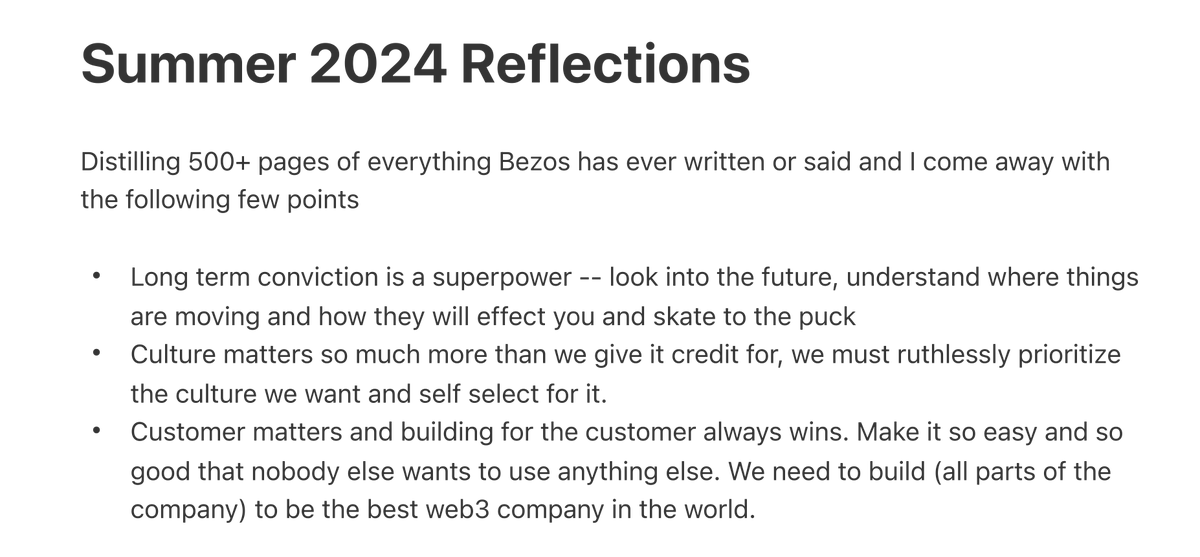 I've been sharing an internal memo I wrote last summer with a friend. I had just read 500+ pages of <a href="/JeffBezos/">Jeff Bezos</a> (ty <a href="/kevg1412/">Kevin Gee</a>) and wrote a 35 page memo to the team 

Sharing it has got me revisiting some of what I wrote and reflecting on the past year and building <a href="/LayerZero_Core/">LayerZero</a>