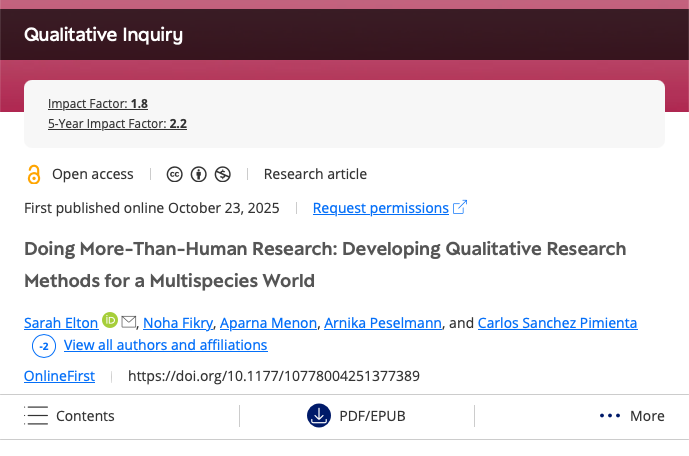 pimientacarlos's tweet image. How can we engage rivers, gardens, or chickens in qualitative research? 🌱🐓🌊
From Egyptian livestock to Mexican rivers, our new paper published in @QualInquiry shares methodological guidance for listening beyond the human doi.org/10.1177/107780…
#MoreThanHuman #QualMethods