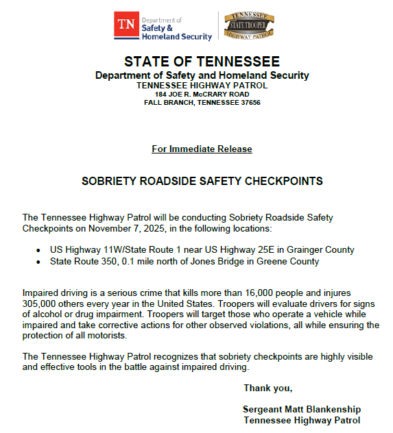 THPFallBranch's tweet image. 🔶Please see the notification below regarding an upcoming checkpoint in the Fall Branch district.
 #BoozeItAndLoseIt 
#DriveHighGetADUI