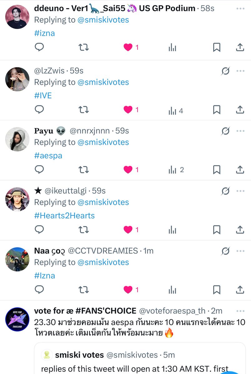 @cctvdreamies 10 izna votes
<a href="/ikeuttalgi/">★</a> 10 hearts2hearts votes
<a href="/nnrxjnnn/">𝐏𝐚𝐲𝐮 👽</a> 10 aespa votes
@lzzwis 10 ive votes
<a href="/ddeunoyahh/">ddeuno - Ver1🦕_Sai55🦄 US GP Podium</a> 10 izna votes