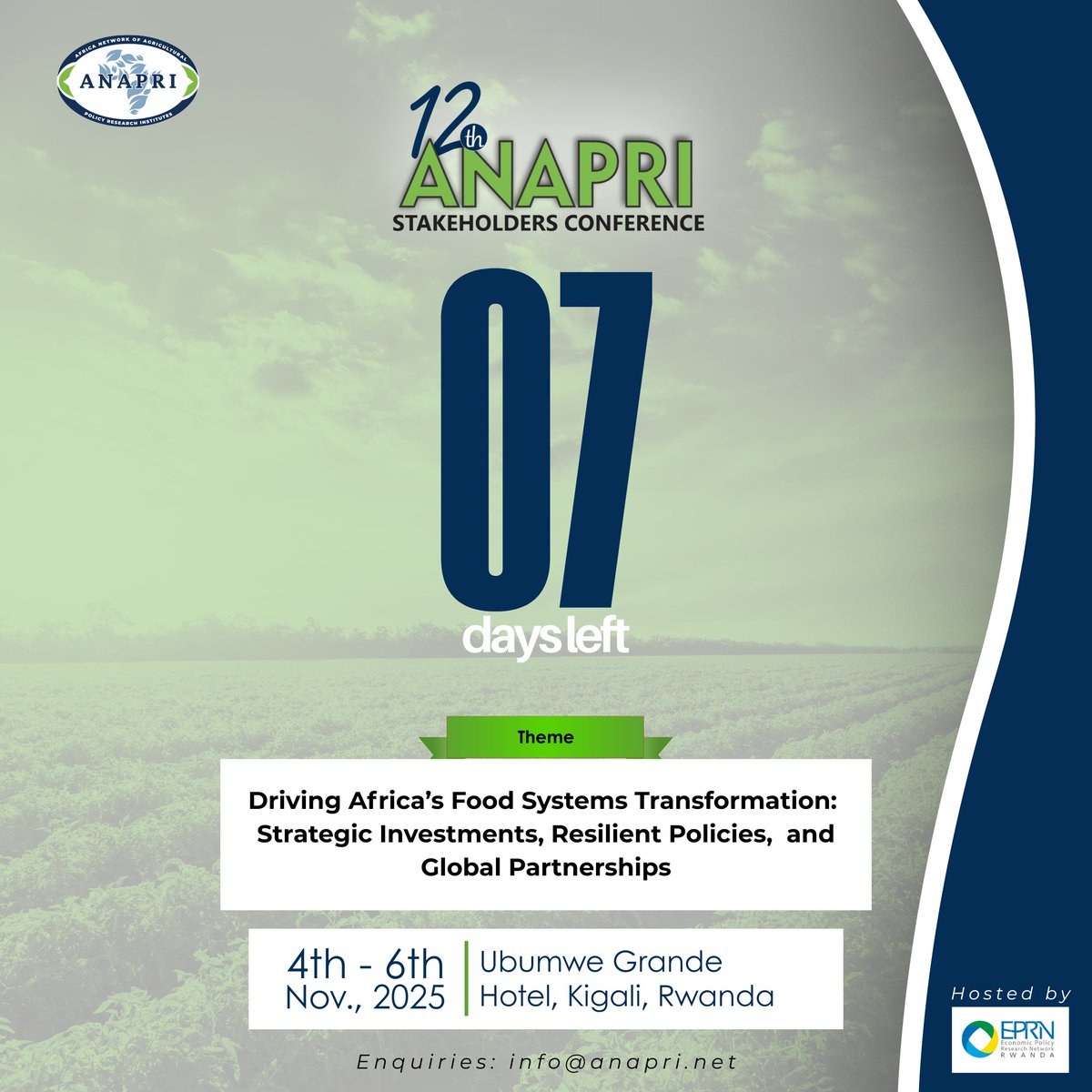 Global shocks continue to reshape Africa's agrifood system. How can we turn these disruptions into opportunities? Join us and be part of the change shaping Africa’s food future.
4th - 6th November, 2025
Register to join physically/virtually via anapri.net/2025stakeholde…
