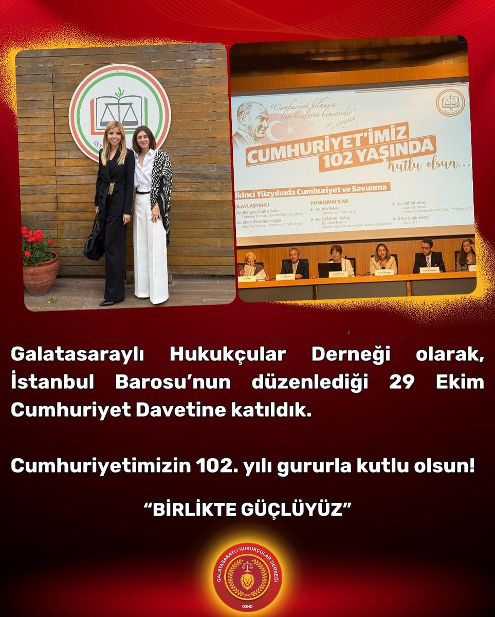 Galatasaraylı Hukukçular Derneği olarak, İstanbul Barosu’nun düzenlediği
29 Ekim Cumhuriyet Davetine katıldık.

Cumhuriyetimizin 102. yılı gururla kutlu olsun!

#29EkimCumhuriyetBayramı