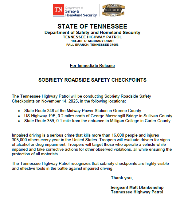 THPFallBranch's tweet image. 🔶Please see the notification below regarding an upcoming checkpoint in the Fall Branch district.
#BoozeItAndLoseIt
#DriveHighGetADUI