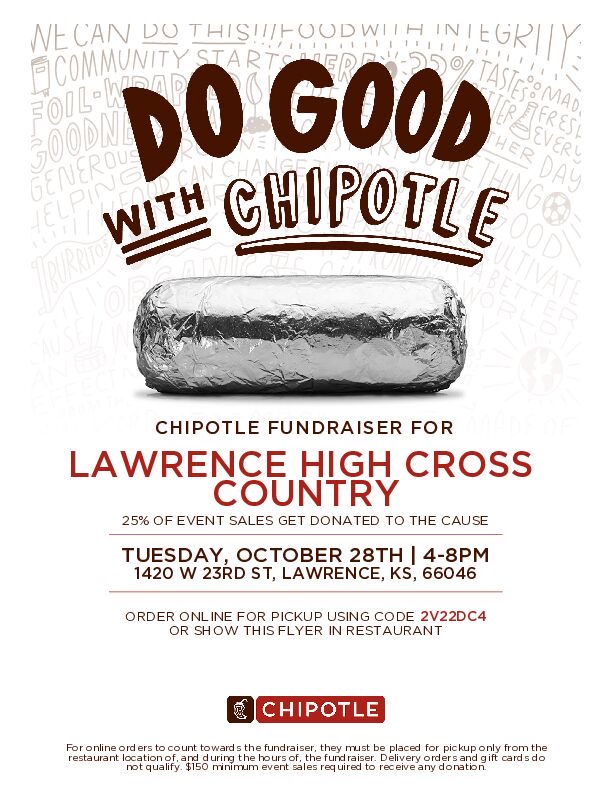 “Tonight! Is the night, when two become one …” and that means you and CHIPOTLE!! 
Our last fundraiser of the season is tonight at the 23rd street location from 4-8. Swing by and say you’re with LHS XC or use code 2V22DC4 for online ordering. 

Thank you! 🦁💪