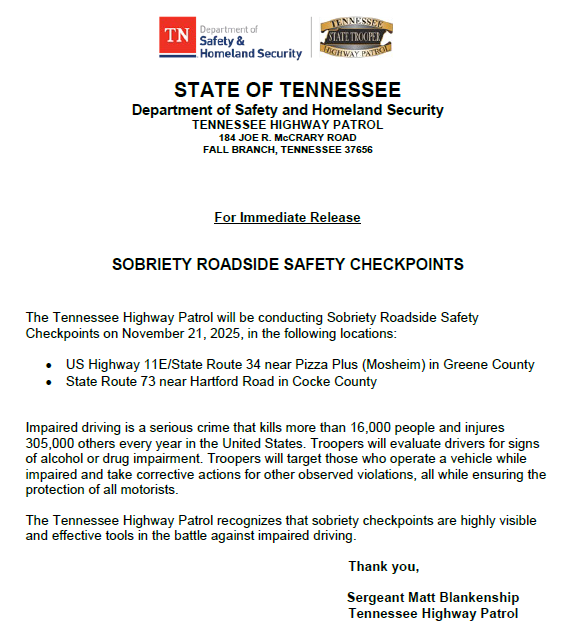 THPFallBranch's tweet image. 🔶Please see the notification below regarding an upcoming checkpoint in the Fall Branch district.
#BoozeItAndLoseIt
#DriveHighGetADUI