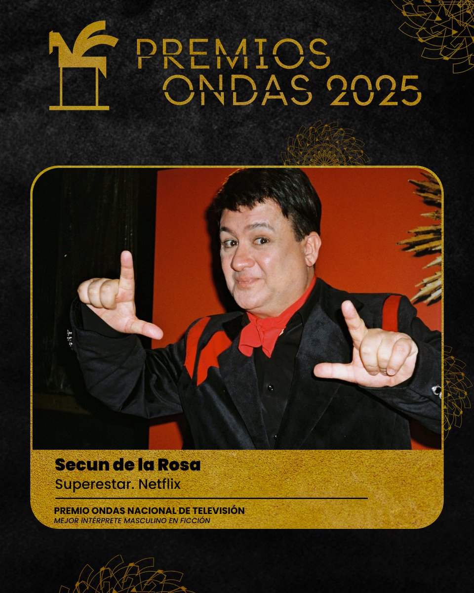 Premios_Ondas's tweet photo. @rac1 @IsaiasLafuente @rtve @StreamMaxES @aragontv @laSextaTV @MovistarPlus @som3cat Premio Ondas Nacional de Televisión 2025 al Mejor intérprete masculino en ficción

📺 Secun de la Rosa en Superestar @NetflixES 

Por construir un personaje lleno de honestidad sin caer en la parodia que consigue conectar con la audiencia.
#PremiosOndas 🐎🏆 https://t.co/Ytpq1S8thn