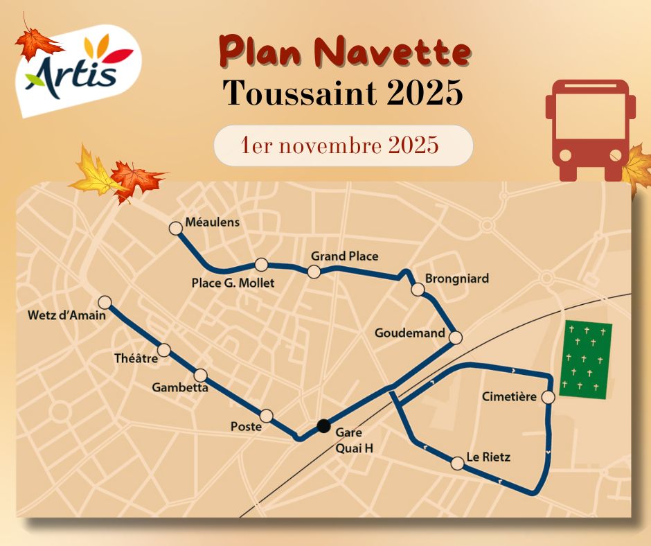 Bus_Artis's tweet image. 🍂[NAVETTE TOUSSAINT 2025] 🍂
👉Artis met en place des navettes gratuites ce samedi 1er novembre pour vous permettre de vous rendre au cimetière d&apos;Arras.
🔽🔽 Retrouvez toutes les informations pratiques (plan et horaires)
📞 Allô Artis au 0 800 730 488 (numéro gratuit).