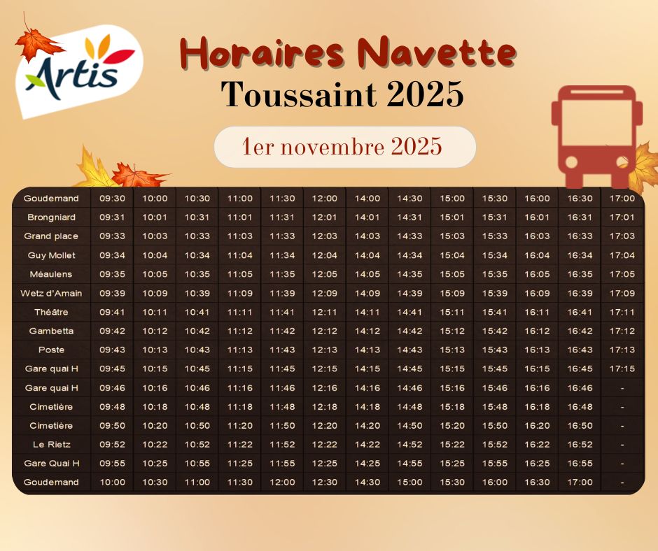 Bus_Artis's tweet image. 🍂[NAVETTE TOUSSAINT 2025] 🍂
👉Artis met en place des navettes gratuites ce samedi 1er novembre pour vous permettre de vous rendre au cimetière d&apos;Arras.
🔽🔽 Retrouvez toutes les informations pratiques (plan et horaires)
📞 Allô Artis au 0 800 730 488 (numéro gratuit).