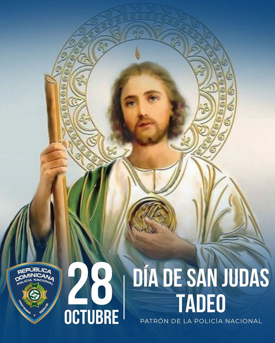 SurestePN's tweet photo. Hoy, 28 de octubre, la Policía Nacional conmemora el Día de San Judas Tadeo, su santo patrón, ejemplo de fe, esperanza y compromiso con el bien.

En esta fecha especial, elevamos una oración por todos los hombres y mujeres que, inspirados en su intercesión, sirven con entrega. https://t.co/uJHcm34jwn