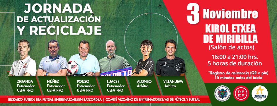 fvf_bff's tweet photo. ⚽ Nueva ♻ 𝐉𝐎𝐑𝐍𝐀𝐃𝐀 𝐃𝐄 𝐑𝐄𝐂𝐈𝐂𝐋𝐀𝐉𝐄 para Entrenadores de Fútbol el lunes 3 de noviembre en📍la Kirol Etxea de Miribilla.

🎙José Angel Ziganda, Joseba Núnez, Carlos Pouso, Javi Luaces, Nahia Alonso y Asier Villanueva.

📝 NOTICIA COMPLETA 👇
https://t.co/cH840LDSV4 https://t.co/ZKGHyZBvnr